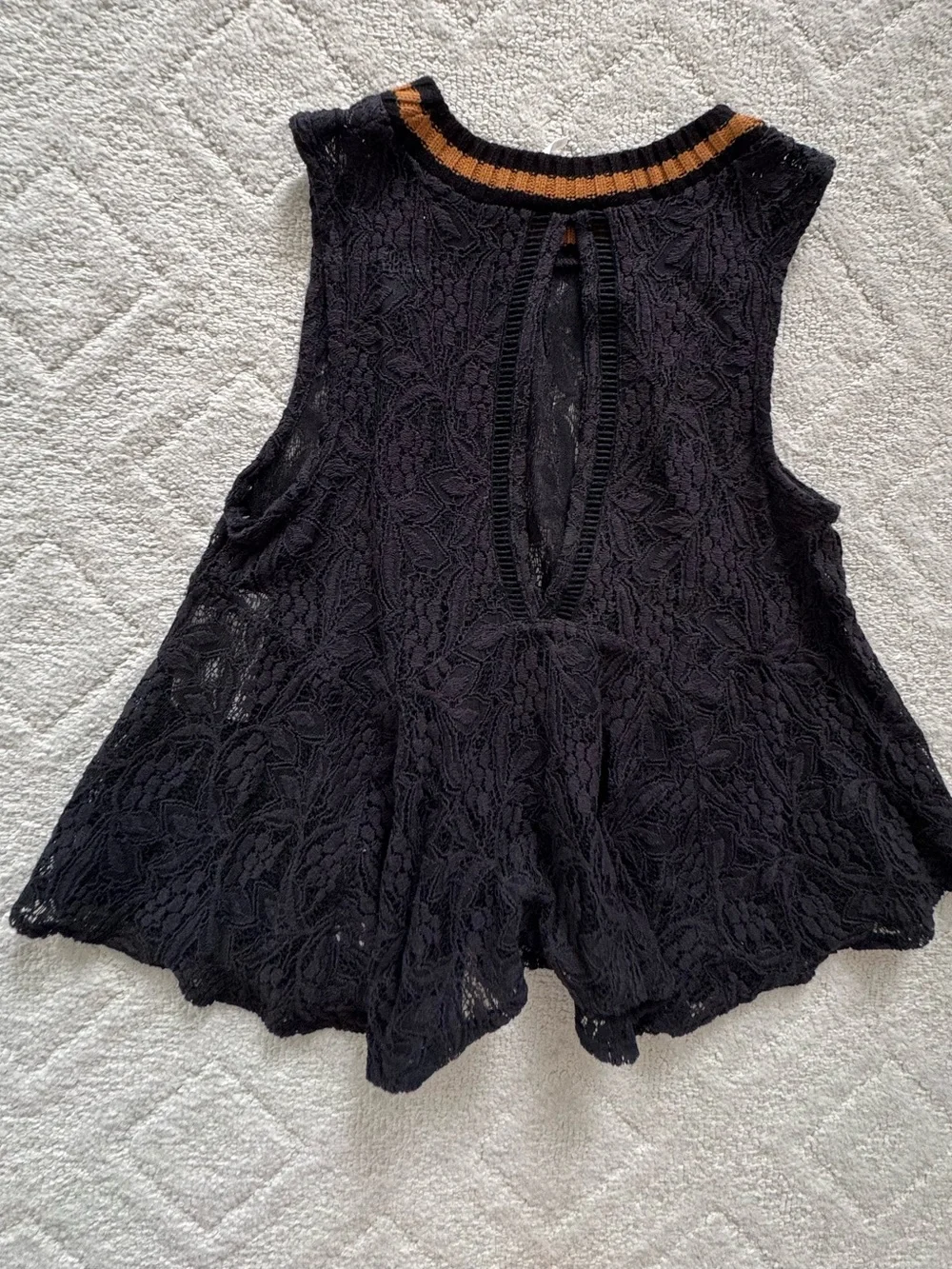 Free People Black Lace sleeveless Tank with brown- Trim Ribbed Neckline/XS/ NWT